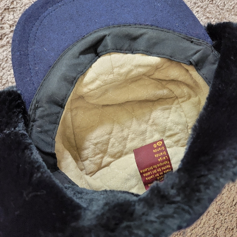Vintage Wool Dorfman Pacific Navy Faux Fur Lined Ear Flap Hat Quilted Lining LG - Picture 9 of 9
